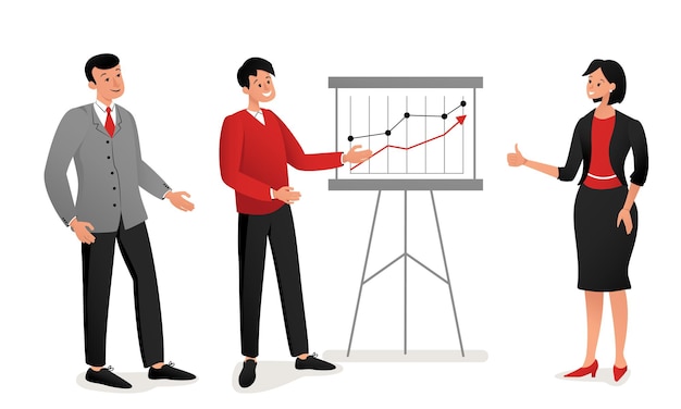 People and timeline of success. Working meeting. Men and woman are looking at the growth chart.