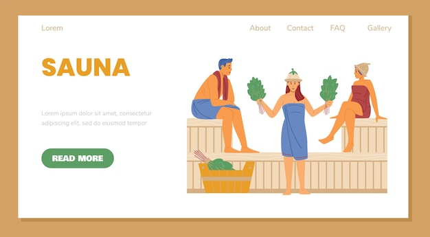 People in towels relaxation at hot sauna or steam banya a vector web banner