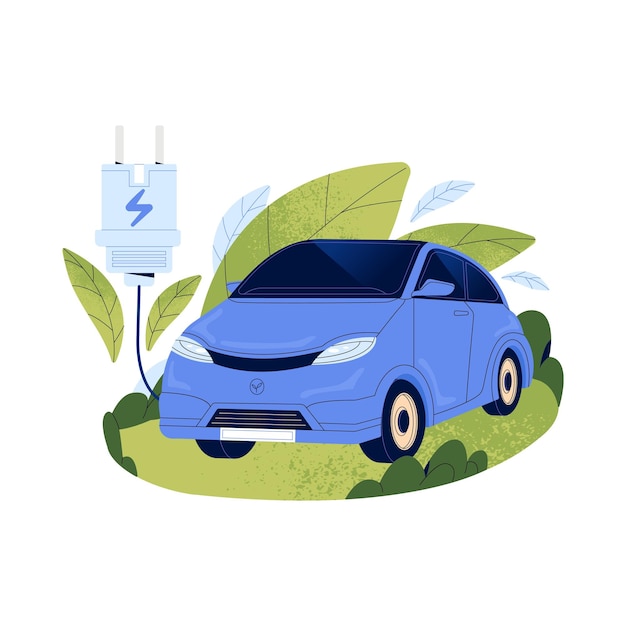 People use electric car Ecologic clean automobile Auto on alternative energy Sustainable city vehicle transport with charge plug Ecology concept Flat isolated vector illustration on white