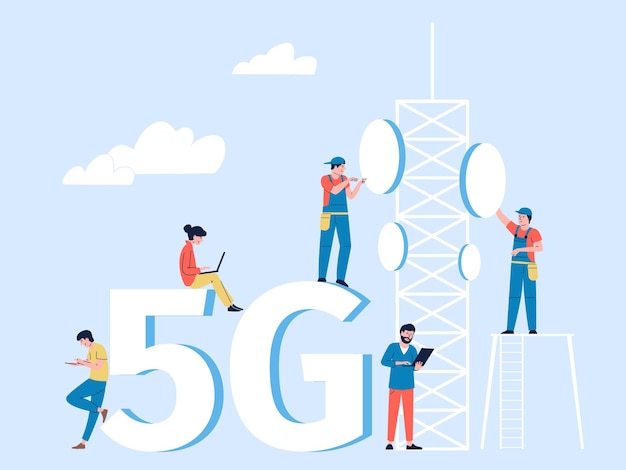 People using 5g internet connection Wifi waves secure web connect in public Business network and service man connect antenna Recent telecom vector scene Illustration of wifi 5g internet