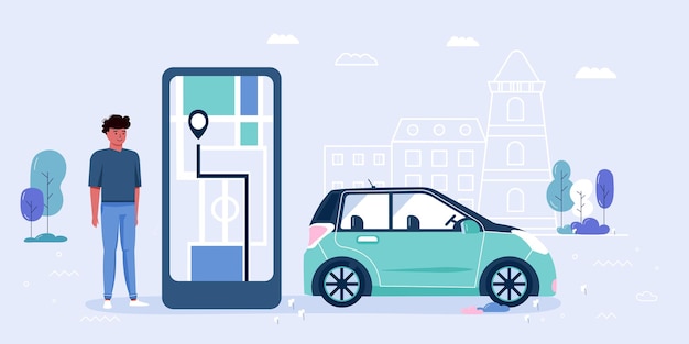 People using car sharing and rent service. Big smartphone screen with mobile app for online carsharing and carpooling travel with route and points location on a city map. Transportation vector concept