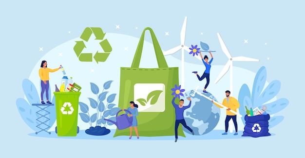 People using eco bag, sorting plastic waste for recycling. Eco friendly shopping. Zero waste. Using reusable bags to save earth environment and less resource pollution. Sustainable choice clean nature