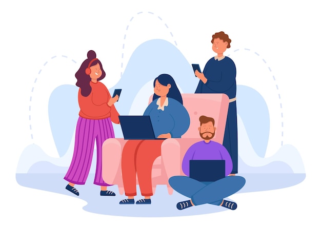 People using smartphone, tablet and laptop for chatting. Gadget and social media addicted group of male and female characters sitting together flat vector illustration. Internet addiction concept