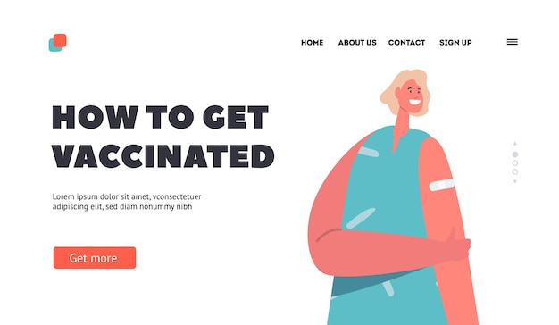 People Vaccination Landing Page Template Cheerful Vaccinated Lady with Patch on Shoulder after Covid Vaccination Smiling Woman Character Health Care Immunization Cartoon Vector Illustration