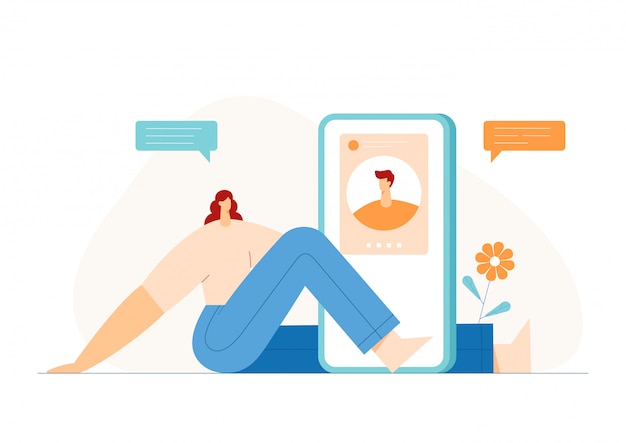 People video chatting concept, modern character profile on smartphone display. Online dating application. Flat  illustration.