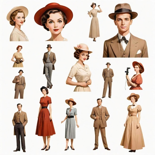 Vector people on a vintage themed photoshoot cartoon vector set white background isolated