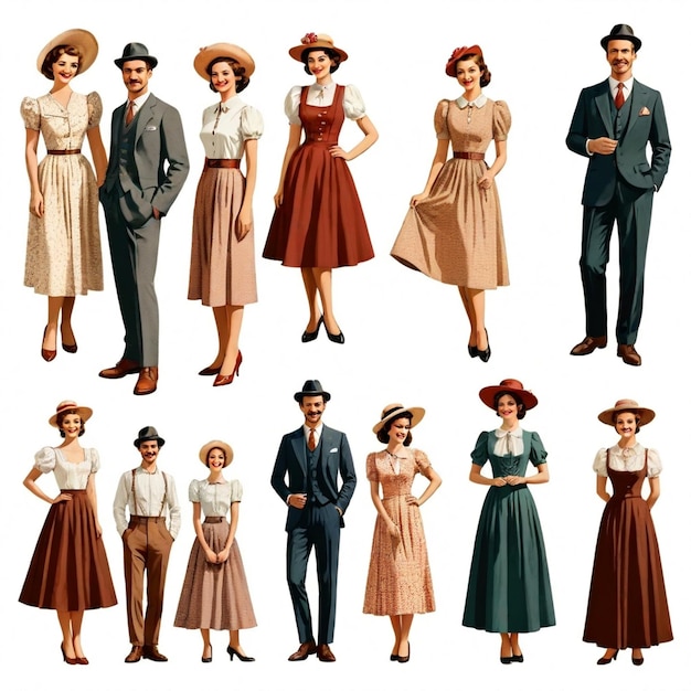 People on a vintagethemed photoshoot vector set white background isolated a high qua