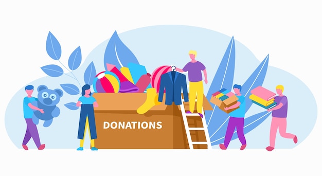 People volunteer with box of clothing donation, charity, social help in community