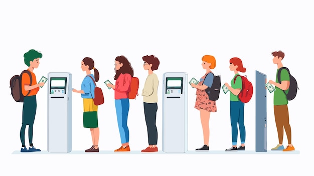 People Waiting in ATM Queue Conceptual Image with Men and Women Near Machine