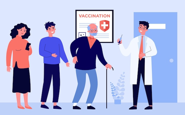 People waiting in line for vaccinations. Doctor holding syringe with vaccine against covid flat vector illustration. Hospital, coronavirus concept for banner, website design or landing web page