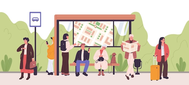 People waiting public transport at modern bus stop Passengers with newspaper mobile phone luggage sitting on bench and standing Commuters citizens at municipal station Flat vector illustration