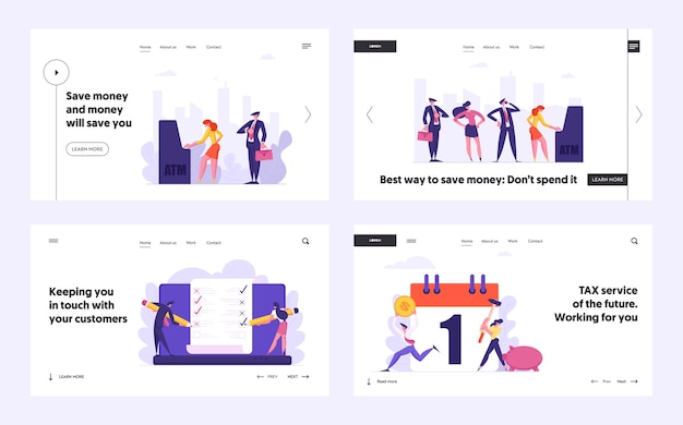 Vector people waiting in queue near atm concept landing page set