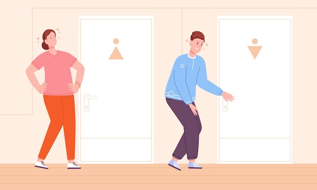 People waiting toilet Woman and man urgent need to pee guy hold lavatory door or bathroom girl with full bladder at enter wc airport help urination problems vector illustration