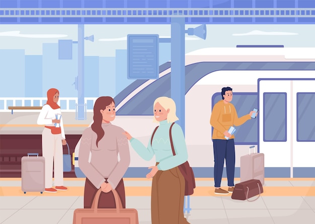 People waiting at train station flat color vector illustration Modern urban lifestyle Railway station Public area Passengers 2D simple cartoon characters with cityscape on background