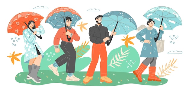 People walk with umbrellas on a rainy day flat vector illustration isolated