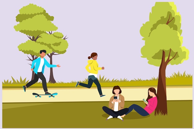 People walking playing riding bicycle at city park Activities outdoors concept Colored vector