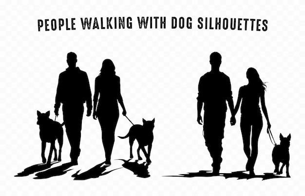 People Walking with Dog Silhouettes Vector Couple walking with a dog Silhouette