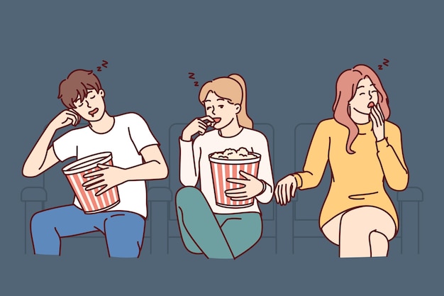 People watch boring movie at cinema and fall asleep with buckets of popcorn in hands