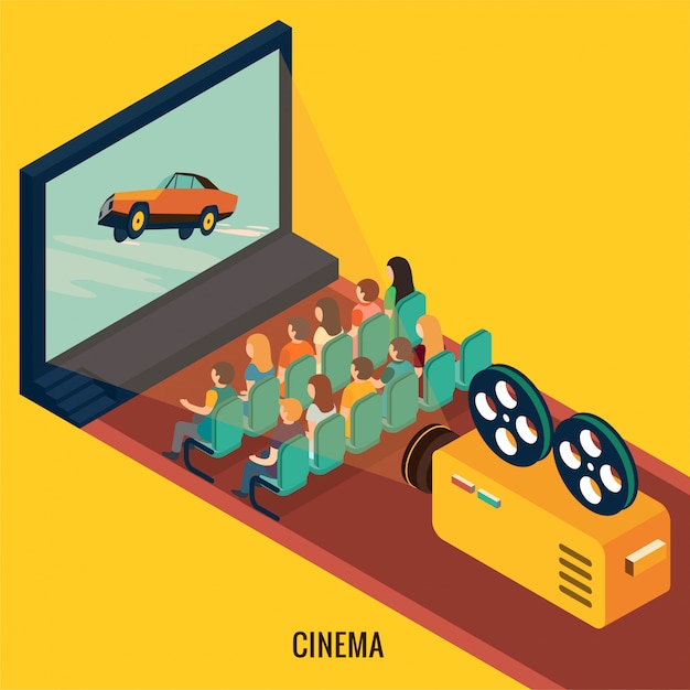 Vector people watching movie in cinema theater. isometric 3d illustration