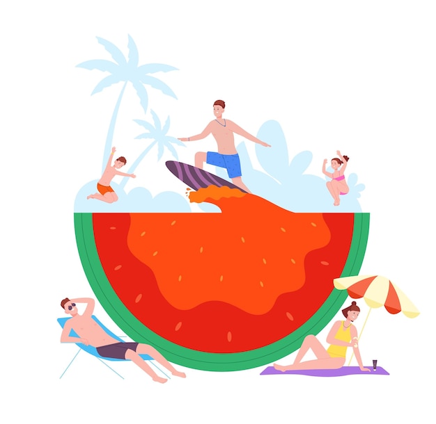 People in watermelon pool Tiny friends with beverage cocktail swimming in watermelons juice summer beach party funny event travel sea island concept splendid vector illustration