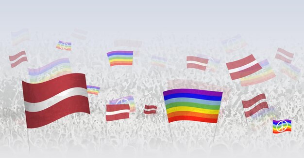 People waving Peace flags and flags of Latvia Illustration of throng celebrating or protesting with flag of Latvia and the peace flag