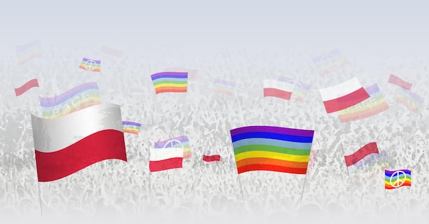 People waving Peace flags and flags of Poland Illustration of throng celebrating or protesting with flag of Poland and the peace flag