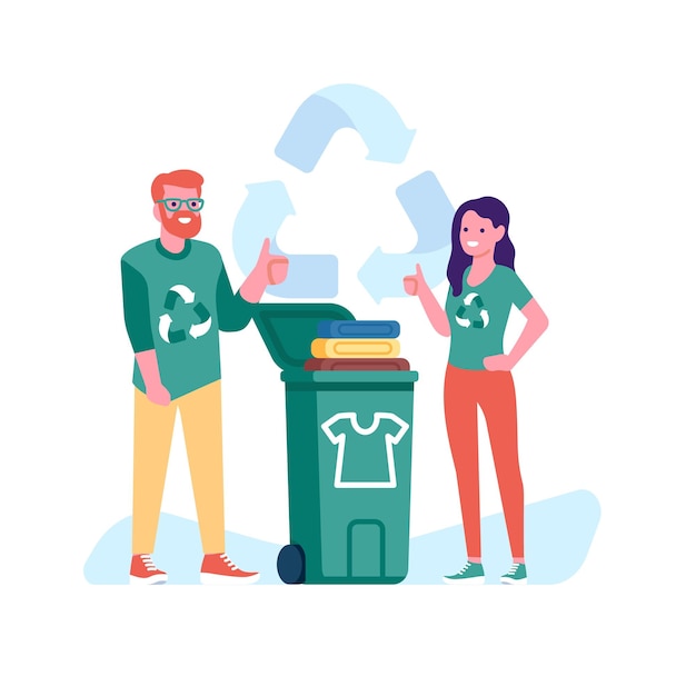 People wear clothes made from recycled textiles Characters sort old clothes in recycling bin Reusable materials Zero waste Reduce pollution Responsible consumption Vector concept