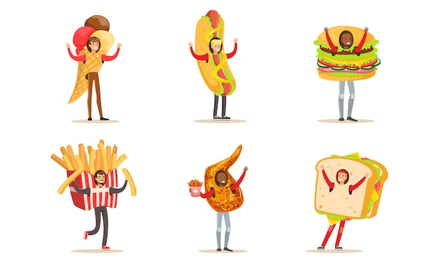 Vector people wearing fast food costumes set ice cream hot dog burger french fries sandwich cartoon vector illustration