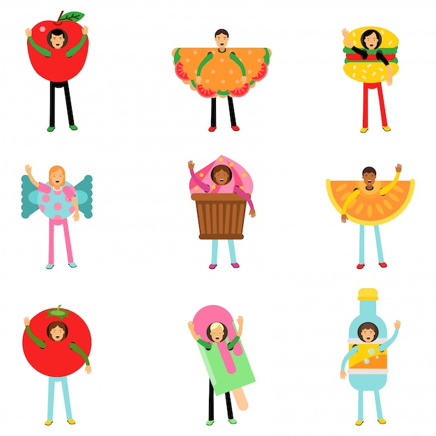 People wearing fast food and snacks costumes set, men and women advertising menu of restaurants and cafes colorful characters   Illustrations