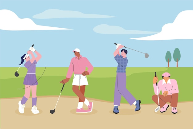 People wearing golf jerseys and holding clubs are posing for a swing. flat vector illustration.