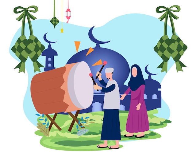 people welcome eid al fitr with a beduk ketupat and lantern eid al fitr celebration