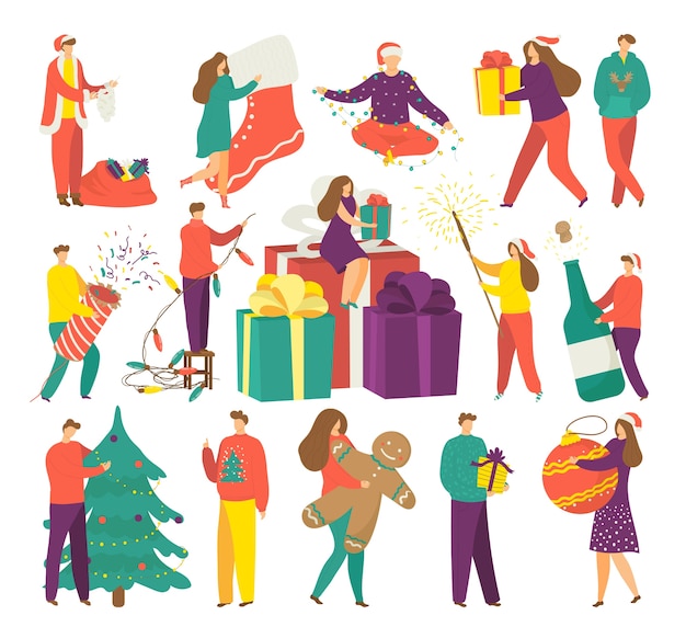 People on winter holidays, Christmas season of gifts   illustrations set. Man,woman and kids hold xmas gift. Smiling happy girl on presents boxes. Lights and presents.