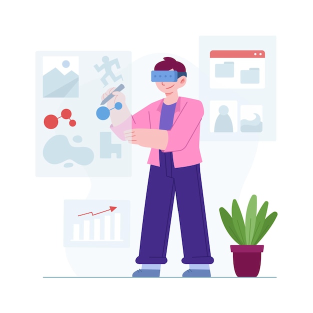 People with 3d vr virtual reality metaverse concept with man playing gameFlat Illustration idea