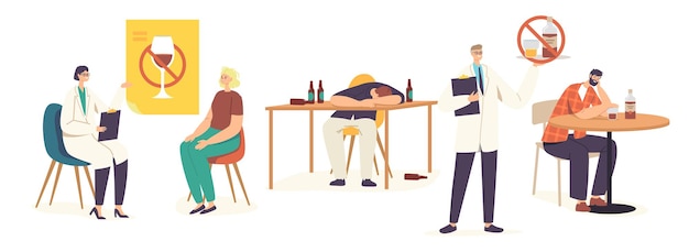 People with Alcohol Addiction Male and Female Characters Having Pernicious Habits Addictions and Substance Abuse, Drunk Men and Women Sleeping, Narcologist Appointment. Cartoon Vector Illustration