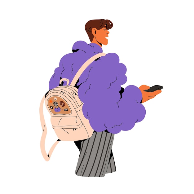 People with backpack Fashionable modern woman in plush jacket wears bag with patches back view Student walking in city in casual urban style Flat isolated vector illustration on white background