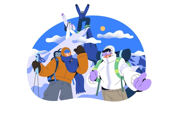 Vector people with backpacks mountaineering rejoice to success group climbing to the top of snow mountain happy tourists hiking to glacier in winter flat isolated vector illustration on white background