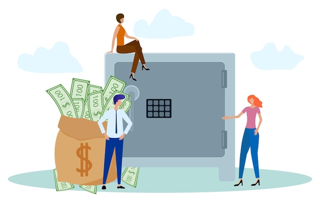 People with a Bank safe and a bag of money The c oncept o f m oney safety Flat vector illustration