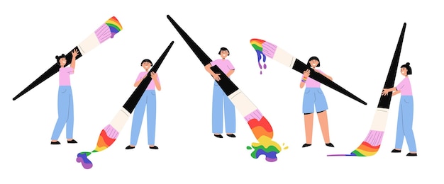 People with big paintbrushes drawing rainbow vector illustration