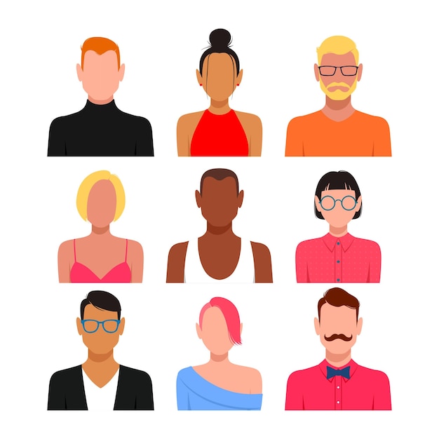 People with blank faces avatar set Different skin color hair and clothes