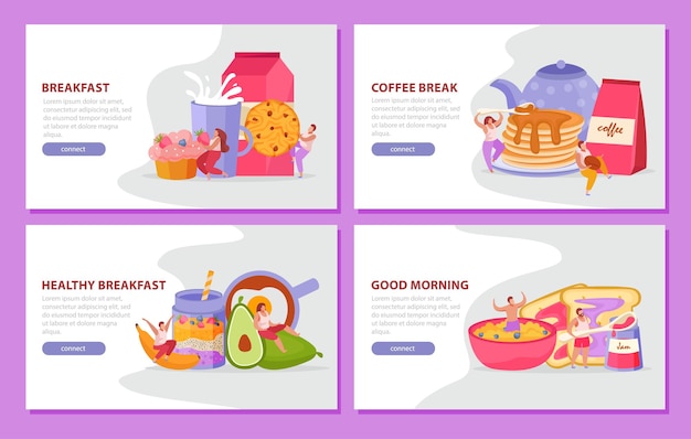 People with breakfast flat web banner set with coffee break healty breakfast and good morning headlines