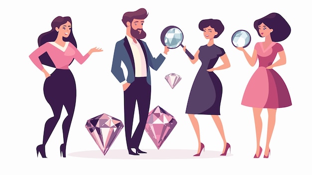 People with Diamond Magnifying Man and Woman Gemstone Discovery