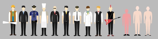 People With Different Occupation Workers Profession Flat Vector Illustration Engineer architect construct policeman police businessman business chef bodyguard waiter pilot doctor musician