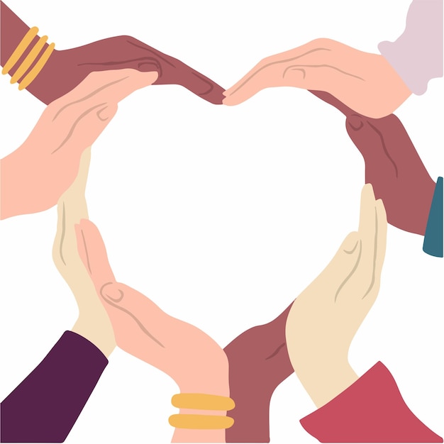 People with Different Skin Color Make Heart Shape on White Background Flat Vector Illustration