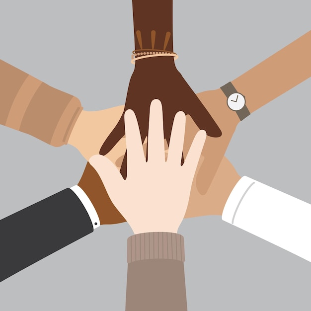 People with different skin colors putting their hands together Flat vector illustration