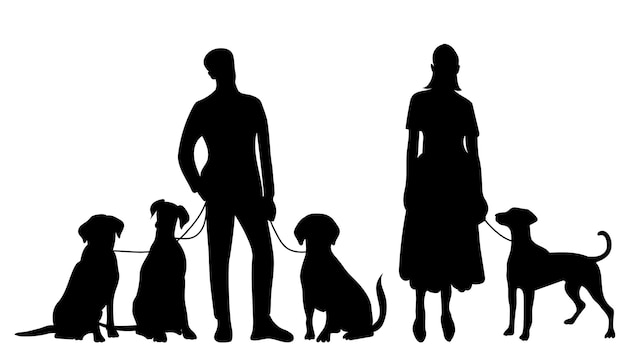 People with dogs silhouette on white background vector