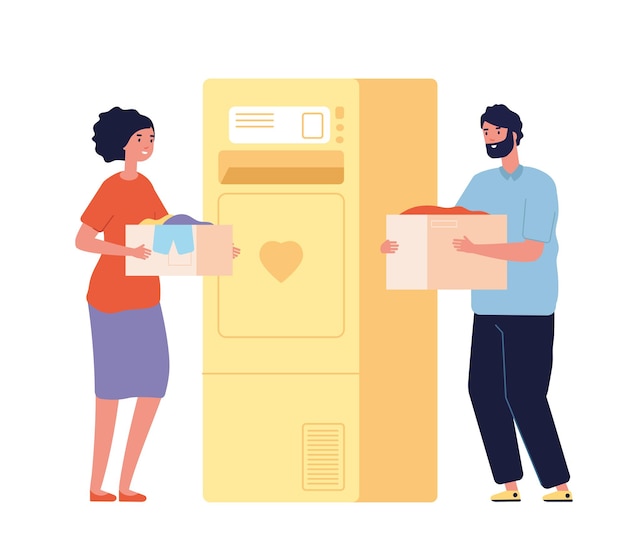 People with donation boxes. Clothes charity bank or recycling bin. Happy man woman donate clothing, isolated volunteers vector illustration. Charity and donation, care goodwill and help