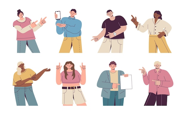 People with fingers happy men and women pointing female and male persons gestures up and down side Guy hold smartphone girl with blank empty poster Presentation vector cartoon illustration