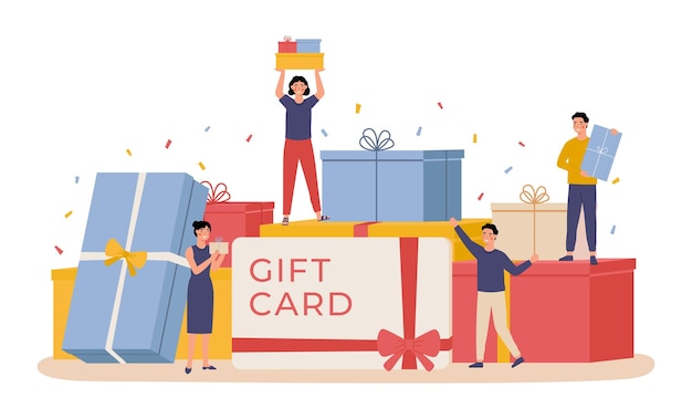 People with gift box Giant gift boxes and group happy tiny men and women gift card discount coupon