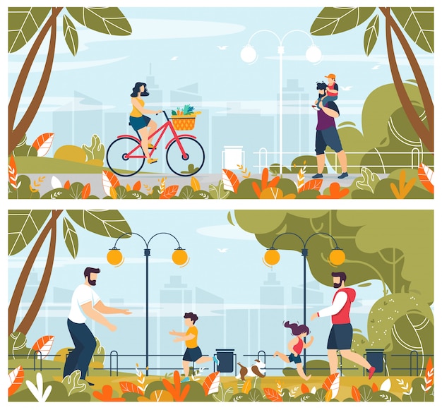 People with Kids Outdoors illustration set