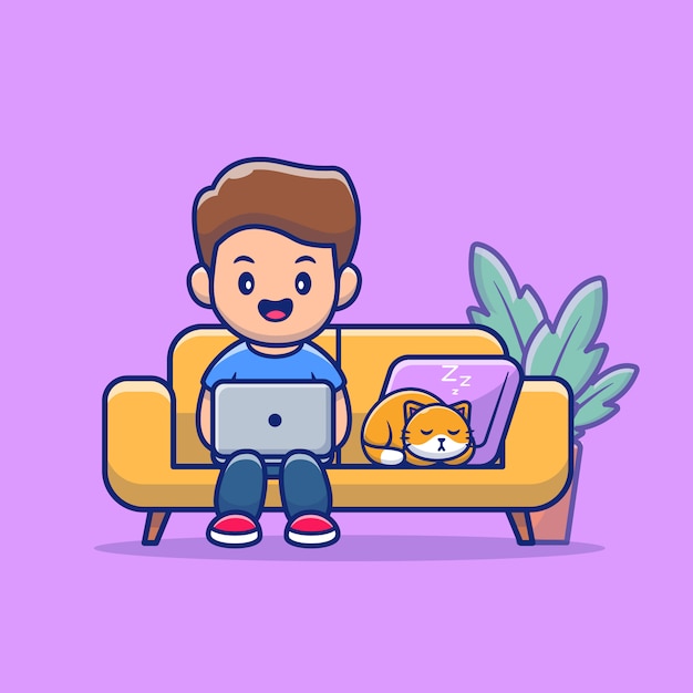 People With Laptop And Cat Illustration. Work From Home Mascot Cartoon Character   . Flat Cartoon Style